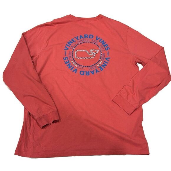 Vineyard Vines Shirt Mens L Pink Red Crewneck Long Sleeve Fish - Picture 2 of 7